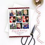 Glädjande Helgdagar Röda foto Collage Julkort<br><div class="desc">Modern kollage stil Julhälsningar nio (9) fyrkantiga fotoblanksteg - perfekt för Instagram bilder, Happiest Helgdagars text i röd skrift, anpassningsbar svart text som kan vara personlig och en färgstark röd och svart buffel plaid mönster som klär gräns och baksida av kortet. Fototips: klicka på "Ändra" om du vill ersätta standardfotot...</div>