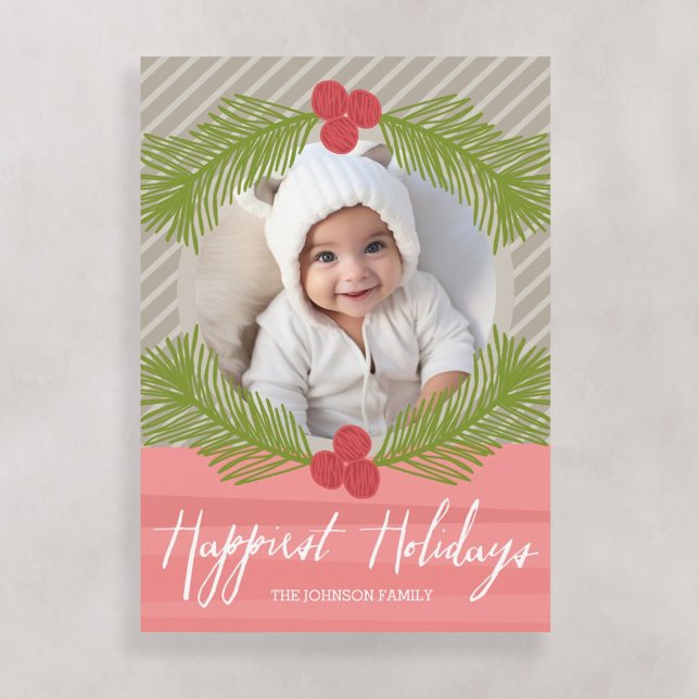 Glädjande Helgdagar Viktigt Grenar med 1 foto Julkort (Add 1 photo to this Whimsical Holiday Christmas Card - holly berry border)
