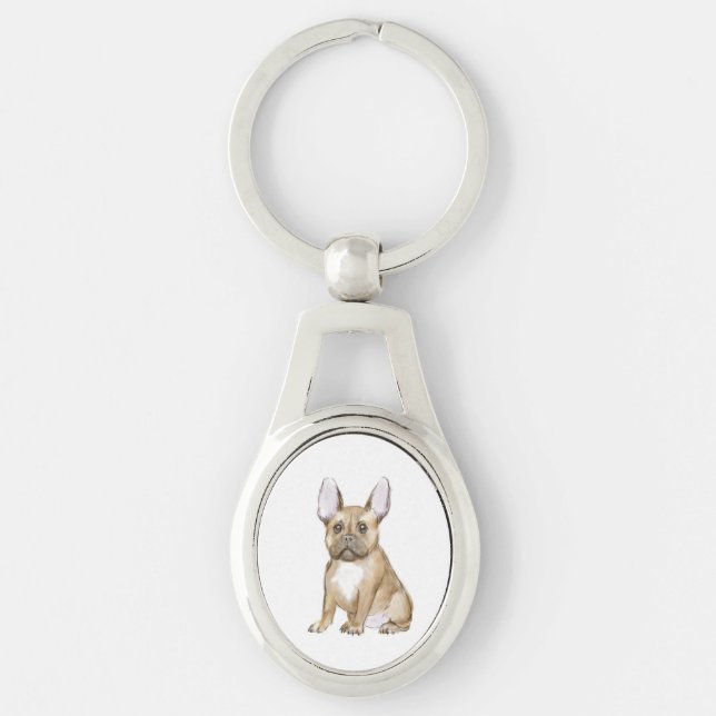 Glädjande hundvalp med fransk ovalt silverfärgad nyckelring (Framsidan)