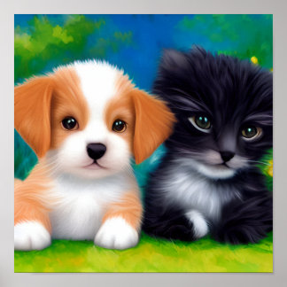 Glädjande kattungel och valp på Gräsmatta Poster