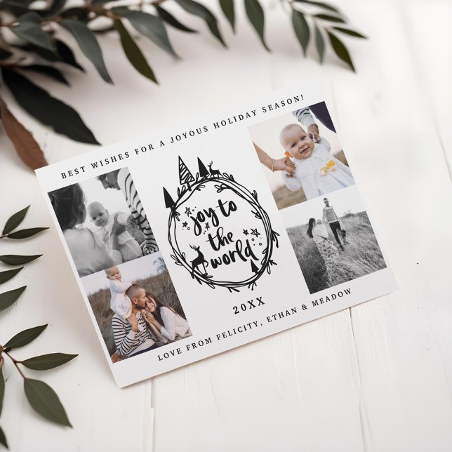 Glädje åt världen | Svart tall Flerfoton Julkort (Joy To The Word | Black Pine Tree Multiple Photo Holiday Card)