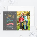 Glädje Fred Och Kärlek Ljus Färg Foto Julkort<br><div class="desc">Glädje Fred Och Kärlek tema semester foto välkomstkort har stilren blandad typografi och en snöflinga kant i ljust guld,  blå,  rosa och grå färger och en mörkgrå bakgrundsfärg som kan ändras.</div>