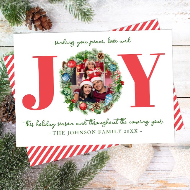 GLÄDJE Grönska Vattenfärg Jul Foto Kort (Christmas Wreath Holiday Card)