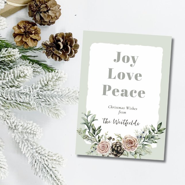 Glädje Kärlek Fred Julrosor Tallkottar Julkort (Joy Love Peace Christmas Roses Pine Cone Holiday Card)