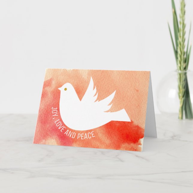 Glädje, Kärlek och Fred duva akvarell korallpersik Helgkort (Framsida)