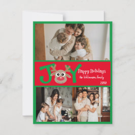 GLÄDJE Kul Rolig 3 Foto Tecknad Ren Röd Grön Julkort