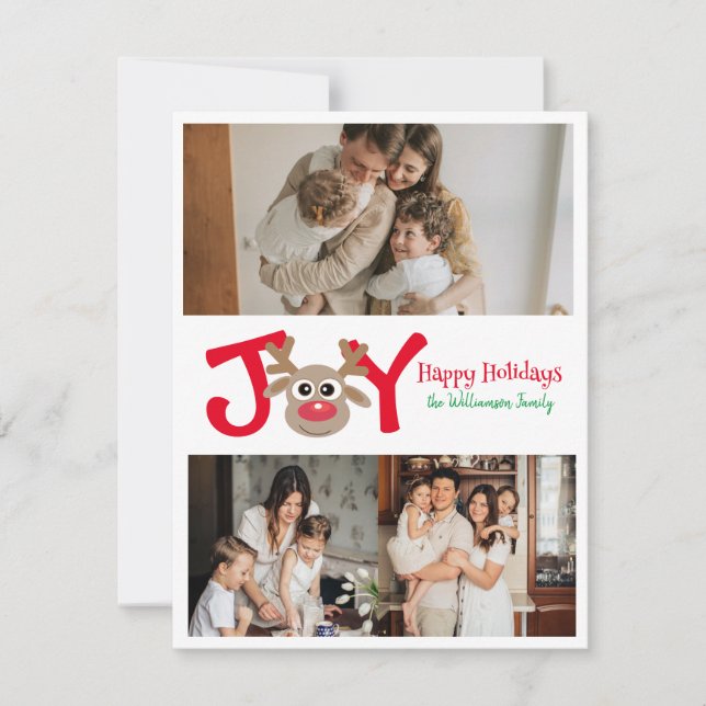 GLÄDJE Kul Rolig 3 Foto Tecknad Ren Vit Julkort (Framsida)