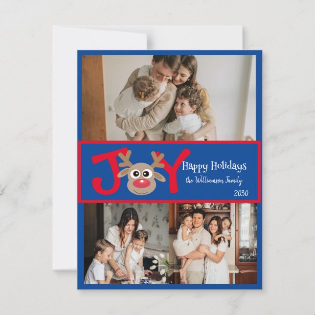 GLÄDJE Kul Söt 3 Foto Tecknad Ren Röd Blå Julkort (Framsida)