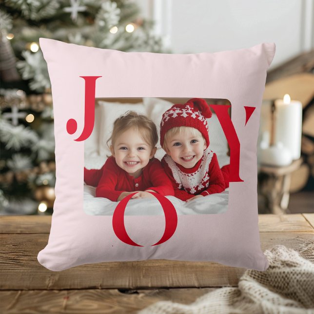 GLÄDJE | Modern Röd Och Rosa Jul Foto Present Kudde (Skapare uppladdad)