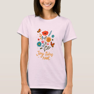 Glädje Tar Rot T-Shirt – Whimsisk Blomma & Fjäril