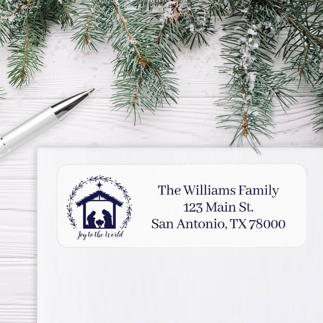 Glädje till världen Blå julkrubba Returadress Etikett (Nativity Return Address Sticker)