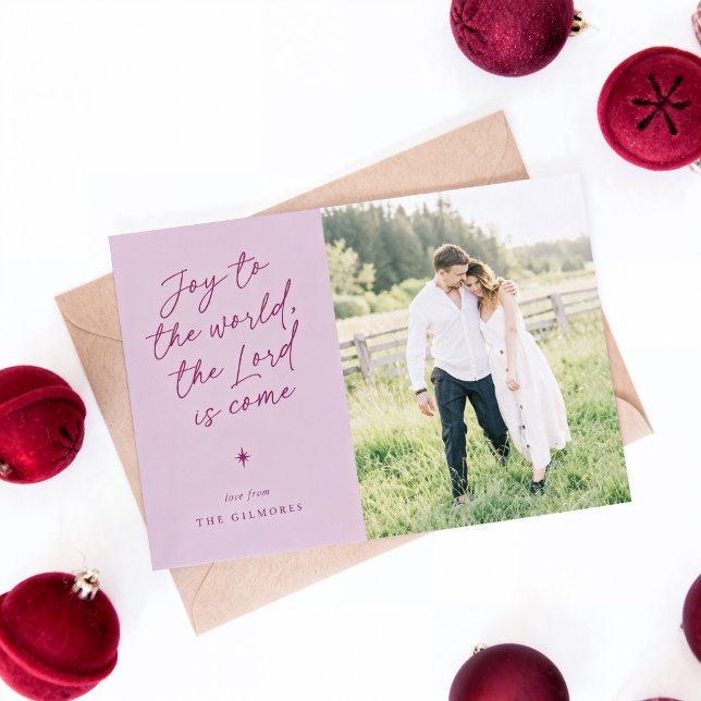 Glädje till världen Handskrift Religiös jul Julkort ("Joy to the World" handwritten Christmas photo card in pink)