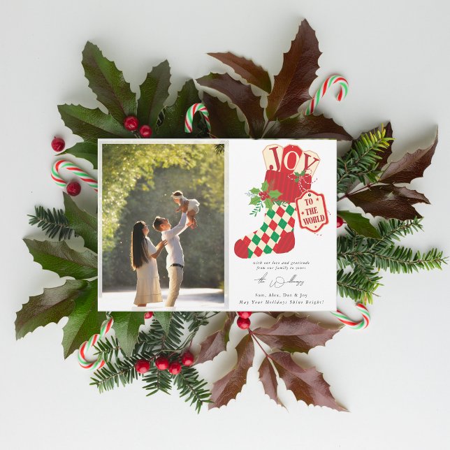 Glädje till världen Retro julfoto Julkort (Joy to the World Retro Christmas Personalized Photo Family Business Christmas Greeting Holiday Card)