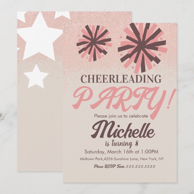 Glädjefest Cheerleading Födelsedag Rosa Stjärnor  Inbjudningar (Fram/baksida)