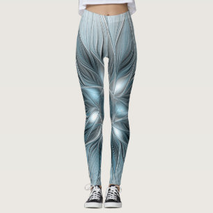 Glädjefull abstrakt blågrå blomma fraktal leggings