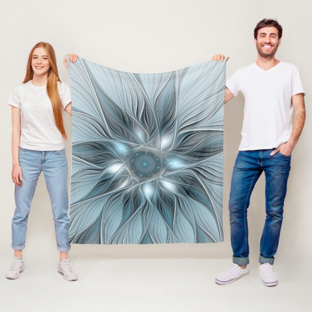Glädjefull abstrakt blågrå blommig fraktal fleecefilt (På plats)
