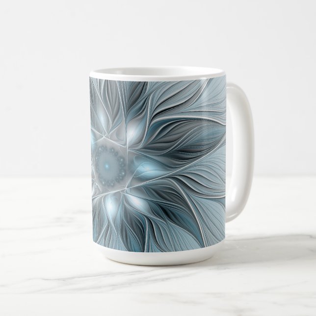 Glädjefull abstrakt blågrå blommig fraktal kaffemugg (Framsida höger)