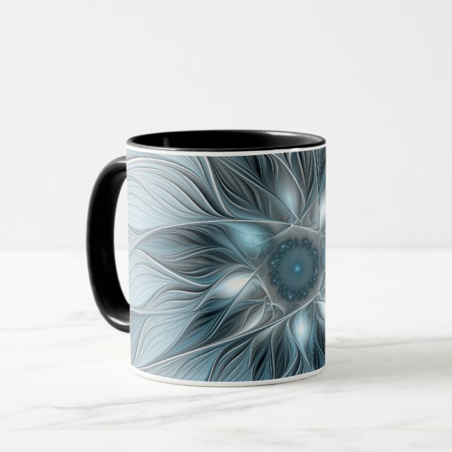 Glädjefull abstrakt blågrå blommig fraktal mugg (Framsida vänster)