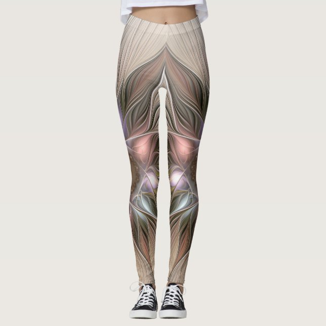 Glädjefull abstrakt blomma beige brun floral frakt leggings (Framsida)
