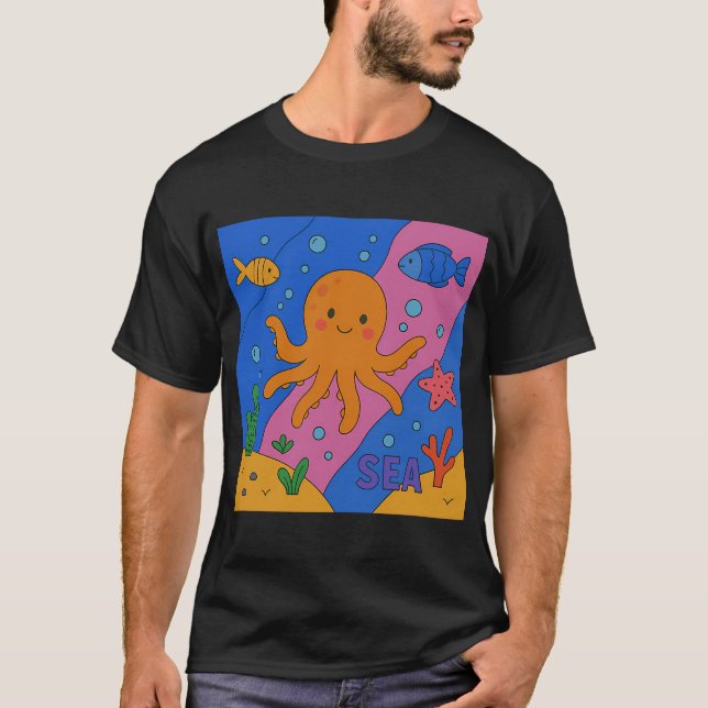 Glädjefull Djup Octopus T Shirt (Framsida)