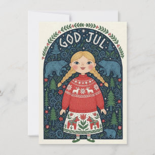Glädjefull flicka i röd tröja julkort
