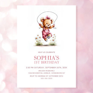 Glädjefull flicka teddybjörn 1-årsdag inbjudningar