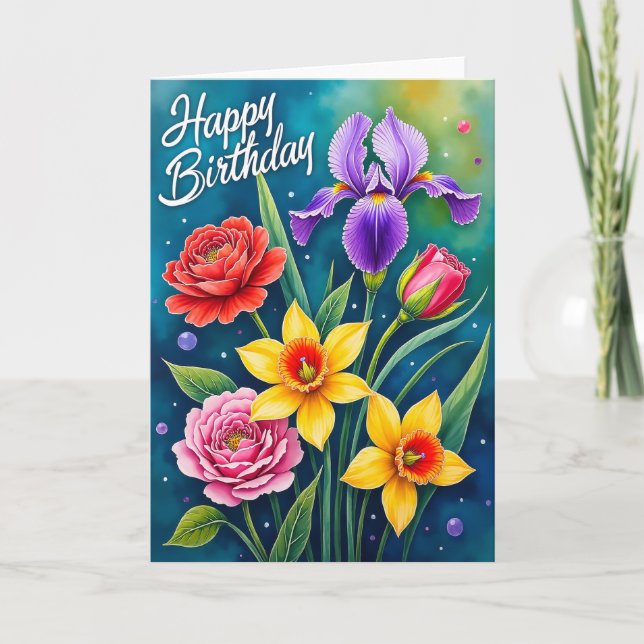 Glädjefull Födelsedagskort med Blommor Kort (Framsida)