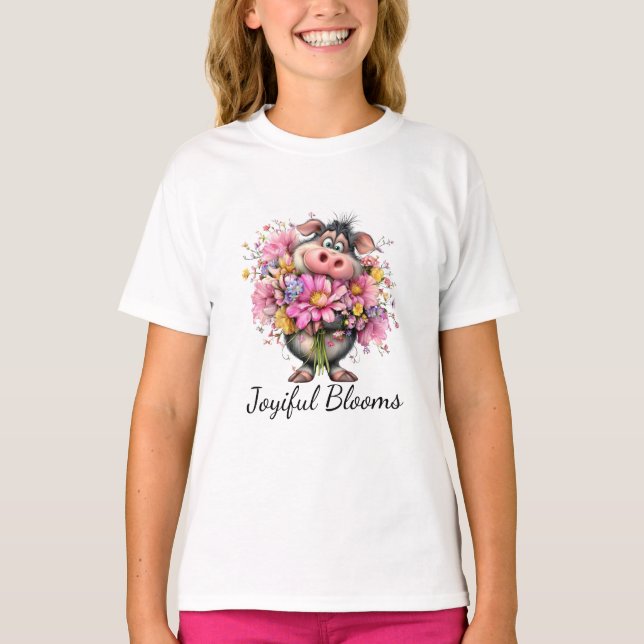 Glädjefulla Blommor Barn Pig Floral T-Shirt (Framsida)