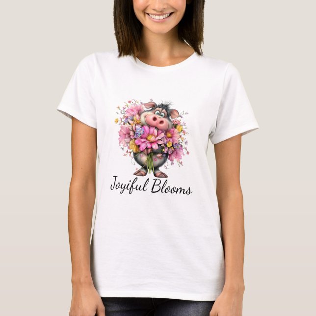Glädjefulla Blommor Söt Gris Blommig T-Shirt (Framsida)