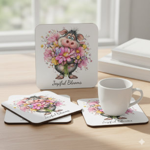 Glädjefulla Blommor Söt Gris Blommig Underlägg Papper Kvadrat
