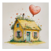 Glädjens hus – Whimsical konsttryck i akvarell
