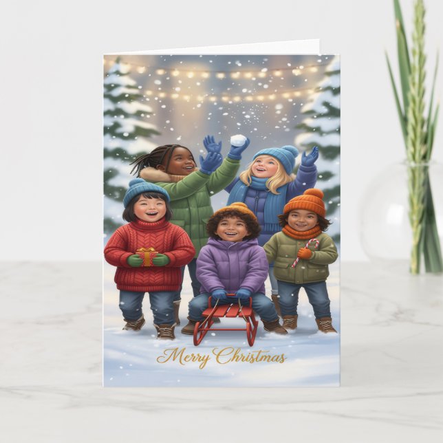 Glädjens snödag – Barn julkort Kort (Framsida)