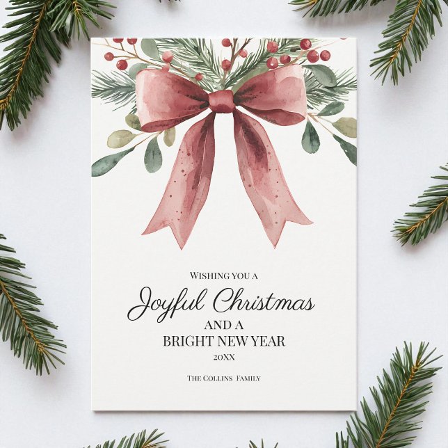Glädjerik Jul Röd Elegant Akvarellslinga Julkort (Joyful Christmas Red Elegant Watercolor Bow Holiday Card)