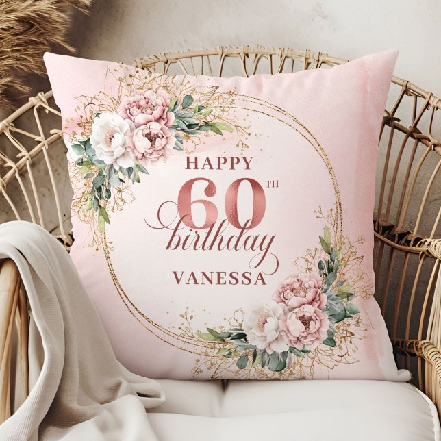 Glädjeröd Blommig Glans Rosa 60-årspresent  Kudde (Joyful Blush Pink Floral Shimmer 60th birthday pillow)