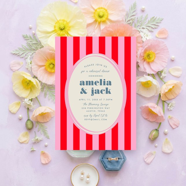 Glädjeröd Rosa Randig Bröllopsrepetition Middag Inbjudningar (Blooming Joy Floral Wedding Rehearsal Dinner Invitation)