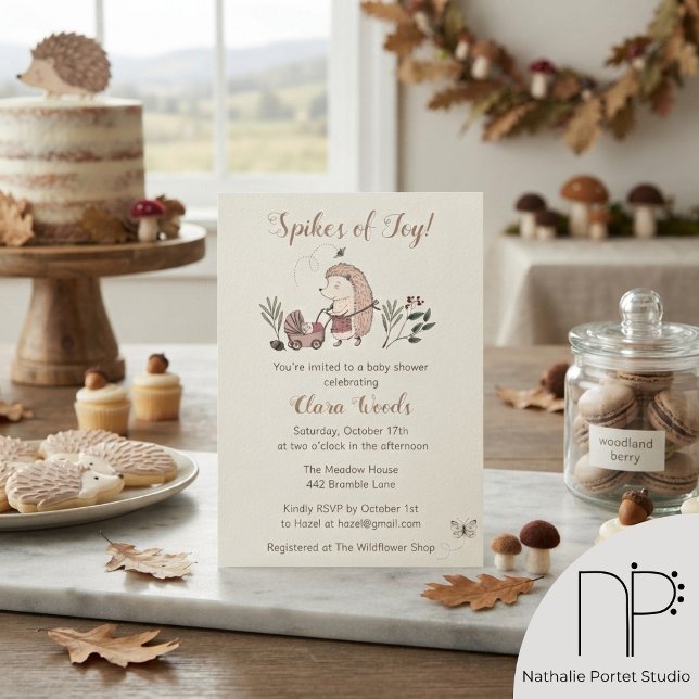 Glädjestickande Igelkott Baby Shower Inbjudan (Hand-drawn fine-line Spikes of Joy Hedgehog Baby Shower Invitation in autumn colors and charcoal tex)