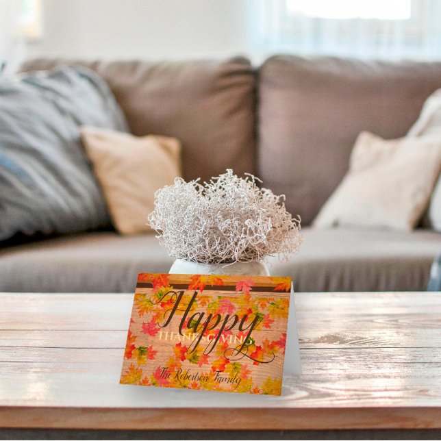 Gladlig Thanksgiving Höst lönnlöv på lada trä Kort (Skapare uppladdad)