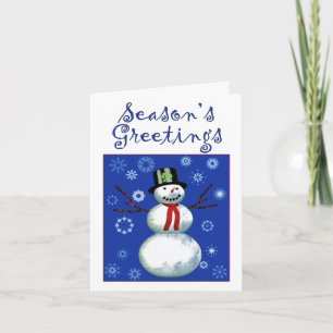 gladlyst snögubbe med snöflingor helgkort