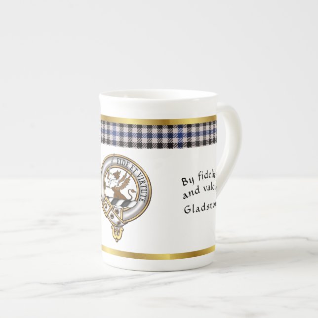 Gladstone Klan Badge Tartan & Motto Benporslin Mugg (Framsida höger)