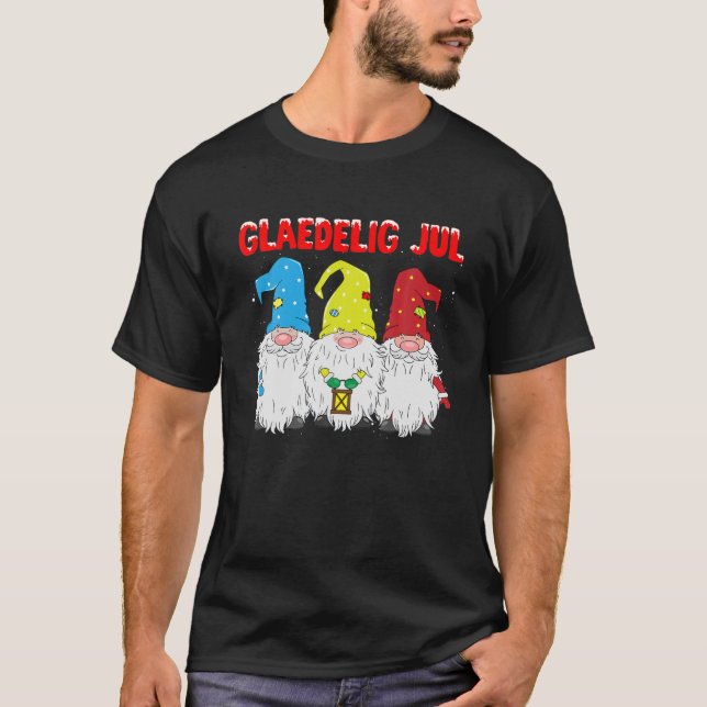 Glaedelig Jul Jul Jul Gnomes Santa Hat Danish Wi T Shirt (Framsida)