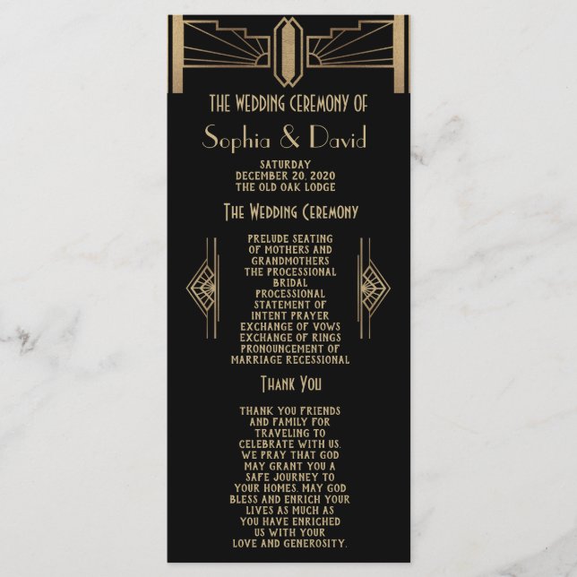 Glam 1920:s Underbara Gatsby Art Deco-Bröllopsprog Program (Framsida)