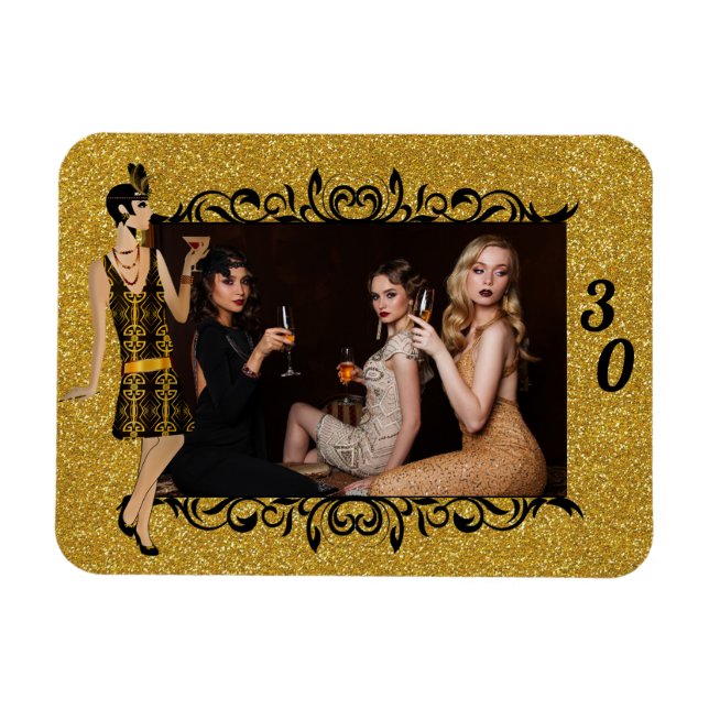 Glam 1920-talet Flapper Girl Guld 30:e Anpassnings Magnet (Horisontell)
