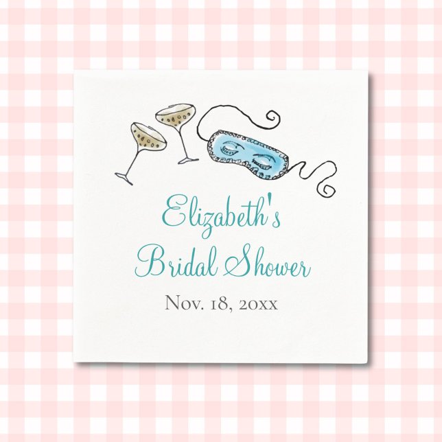 Glam 1960-talets Cocktail Party Hand-Illustrated G Pappersservett (This hand-illustrated bridal shower napkin features champagne glasses and a sleep mask.)