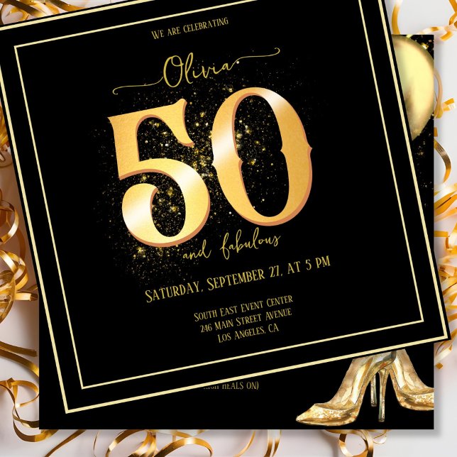 Glam 50 och Fabulous Sparkling Guld Black Inbjudningar (Skapare uppladdad)