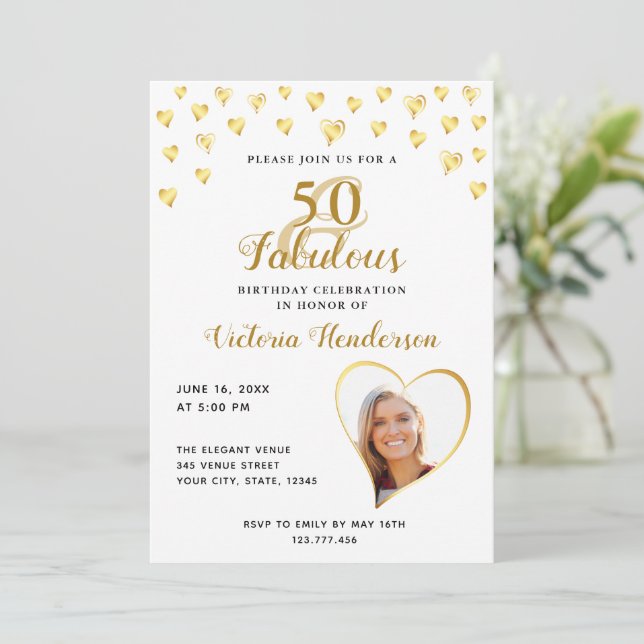 Glam 50 och Fabulous White och Guld Photo Birthday Inbjudningar (Stående Fram)