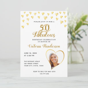 Glam 50 och Fabulous White och Guld Photo Birthday Inbjudningar