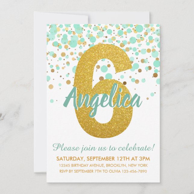 Glam 6e Birthday Mint Grönt Guld Glitter Konfetti Inbjudningar (Framsida)