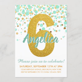Glam 6e Birthday Mint Grönt Guld Glitter Konfetti Inbjudningar