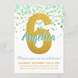 Glam 6e Birthday Mint Grönt Guld Glitter Konfetti Inbjudningar