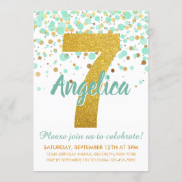 Glam 7:e Birthday Mint Grönt Guld Glitter Konfetti Inbjudningar